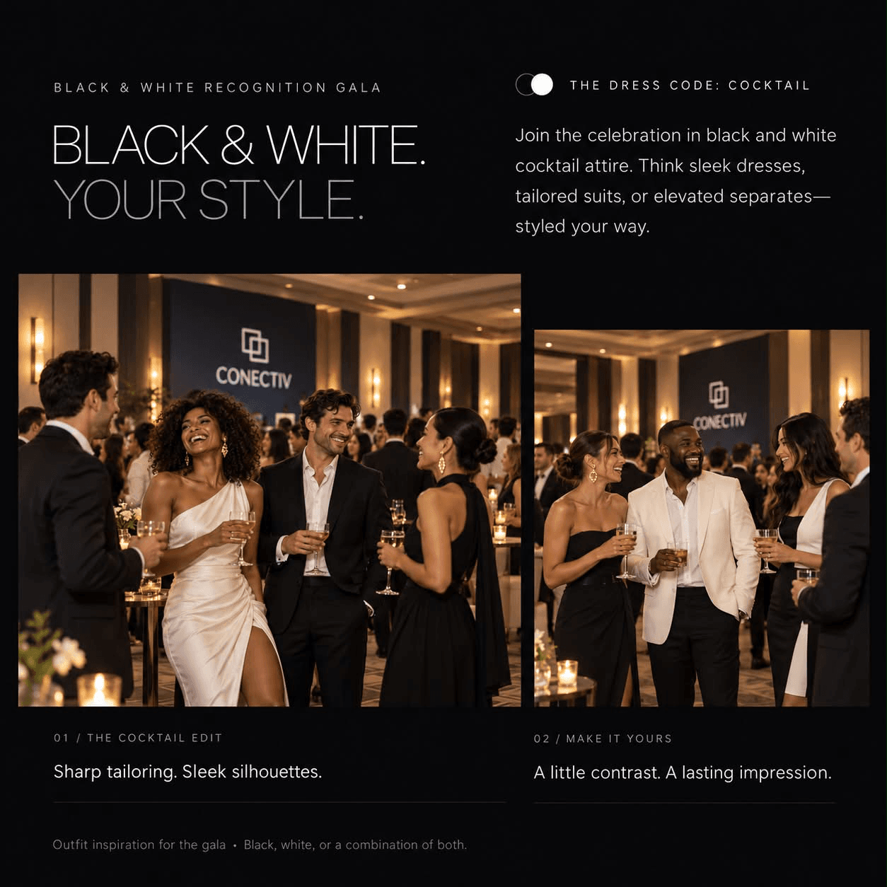 Guests celebrating at a Conectiv gala in black suits, an ivory one-shoulder dress, and a sleek black dress.